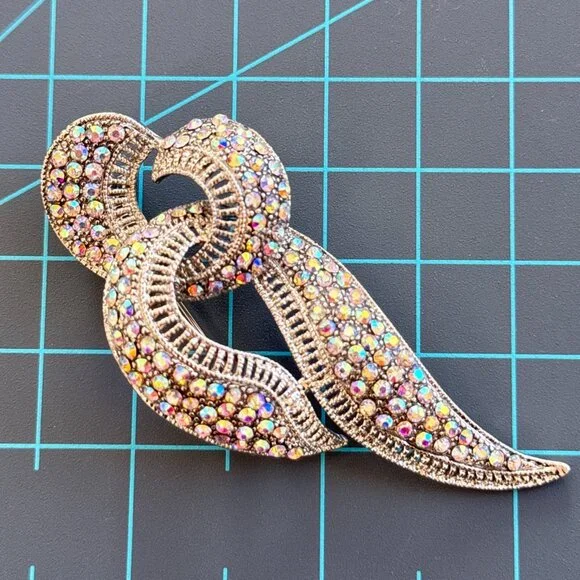 Brooch Ribbon Aurora Borealis Rhinestones Silver Tone Heavy Bling Sparkle - Picture 2 of 7